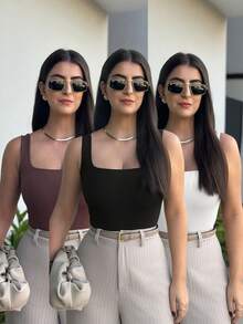 Kit 3 Body Bory Bori Women's Square Neck Tank Top Thick Strap Winter Colors Suplex Basic Simple - ĐEN/TRẮNG/NÂU - Xem 1