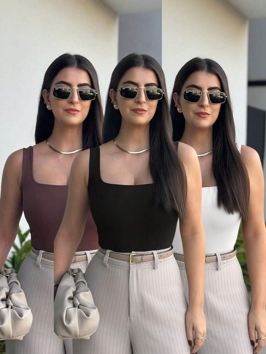 Kit 3 Body Bory Bori Women's Square Neck Tank Top Thick Strap Winter Colors Suplex Basic Simple - ĐEN/TRẮNG/NÂU - Xem 1