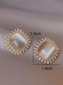 1 对奢华猫眼石耳钉，镶嵌闪亮水钻，时尚耳环 - 金黃色 - 查看 4