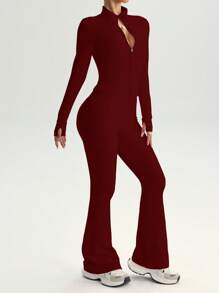 FWH 两件套街头风修身套装，包括带拇指孔的拉链外套和高腰喇叭裤（腰部可调节），塑形提神，提升女性自信的运动服套装。