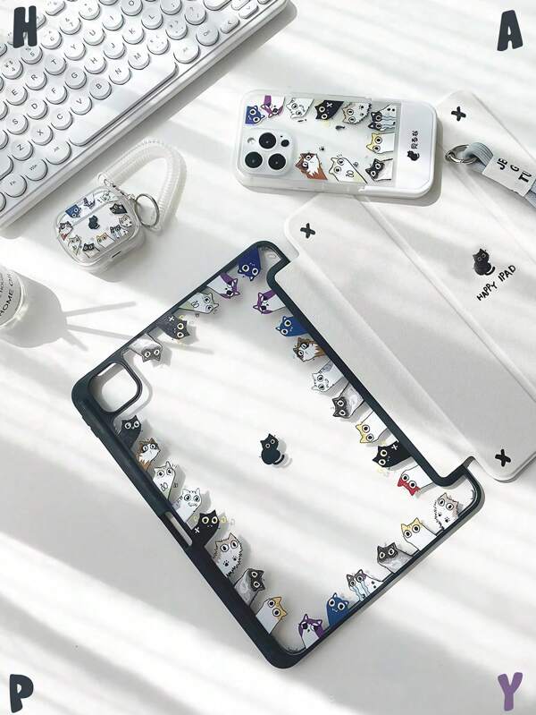 A Beautiful And Cute Cartoon Black Cat Double-Sided Painted Acrylic Transparent Crystal Backplate Anti Fall Protective Case Sleep Wake-Up Compatible IPad 10.2/10.5/10.9inch