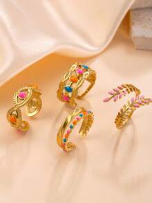 4件套不锈钢戒指，简约可调节开口戒指，镂空几何图案戒指，男士结婚配饰 - 彩色 - 查看 12