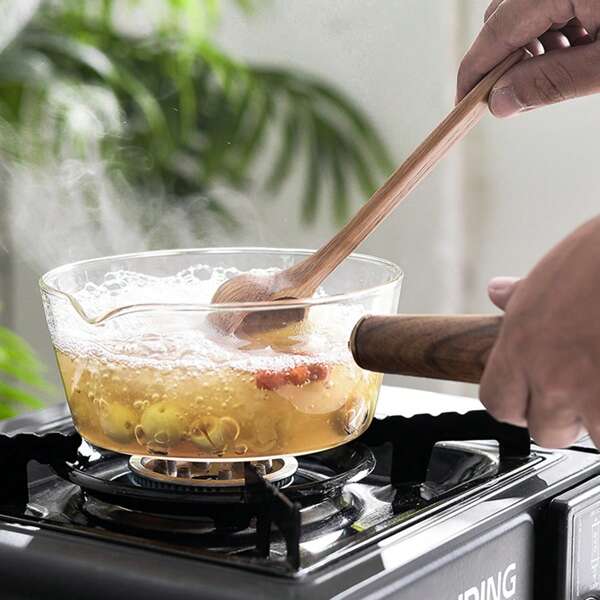1 pieza Olla de vidrio de 400ml/600ml con mango de madera ajustable, olla de cocción transparente, olla pequeña para sopa, utensilio de cocina, apto para cocina de inducción y estufas de gas