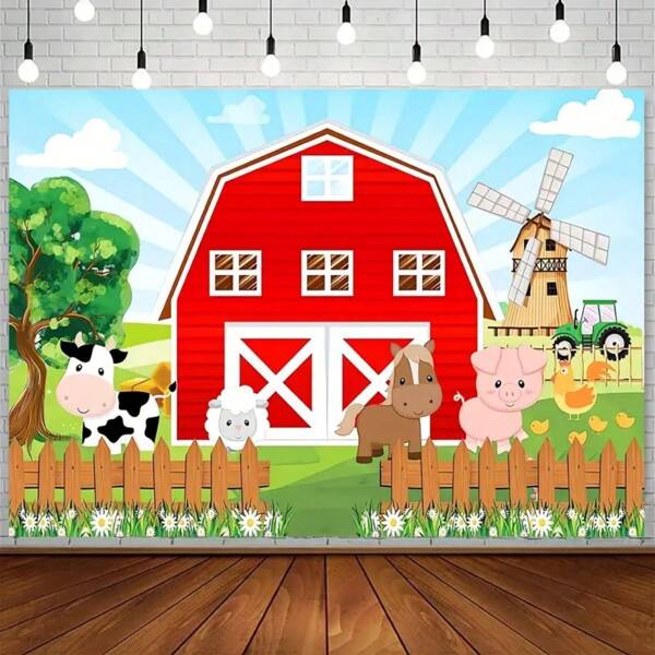 1 pieza Fondo con granero rojo de granja para fiesta, decoración de fiesta de cumpleaños con tema de animales de granja, banner para mesa de pastel, telón de fondo fotográfico