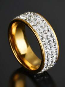 1 件永久不褪色格子水钻金色不锈钢戒指，情侣首饰，男友生日礼物