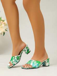 Plus Size Women's Tropical Print High Heel Sandals, Non-Slip Durable Thick Sole, Fashion High Heels, Summer Slide Sandals For Outdoor - Mint Green - View 4