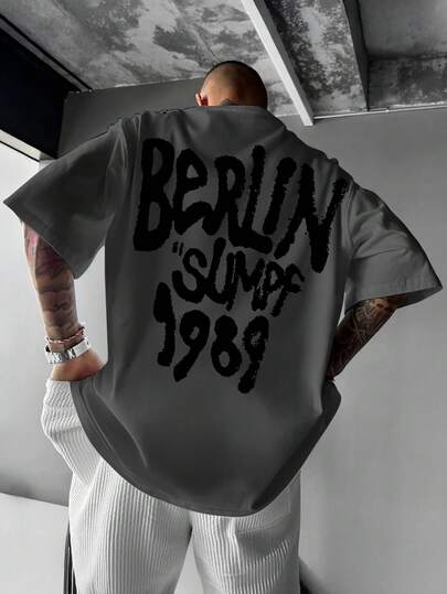 大码男士街头涂鸦字母印花圆领短袖 T 恤