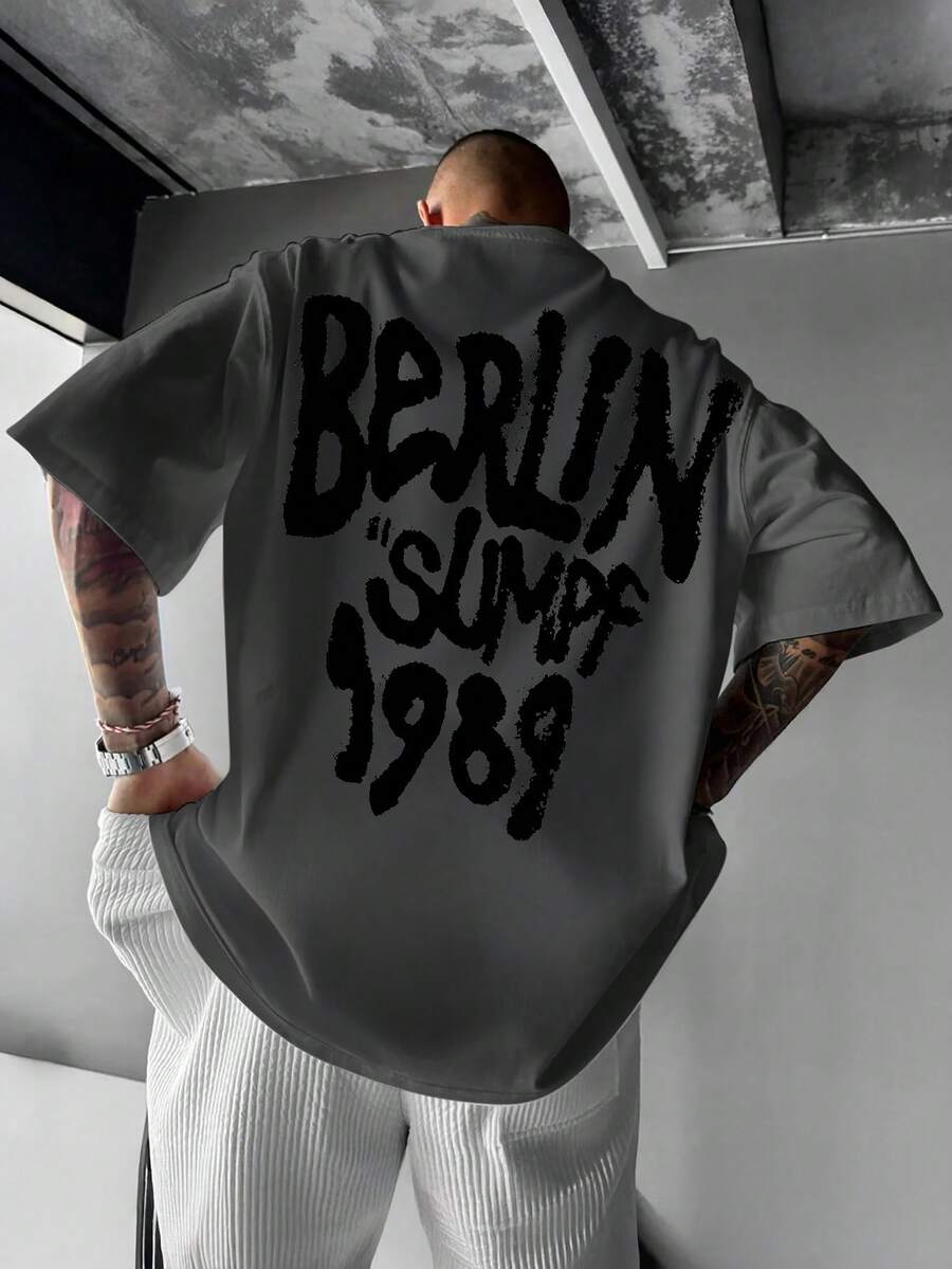Plus Size Men's Street Graffiti Letter Print Round Neck Short Sleeve T-Shirt - Dark Grey - View 1