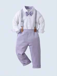 BOARNSEORL 男婴两件套绅士套装 - 白色长袖衬衫配蝴蝶结和卡其色背带裤，时尚休闲套装，适合生日派对、婚礼、周年纪念庆典等场合。 - 紫色 - 查看 2