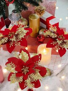 36 Piezas/12 Juegos de Flores Artificiales de Navidad, Flores de Flor de Pascua, Decoración Navideña Roja y Dorada, Flores Decorativas Artificiales para Árbol de Navidad, Adecuadas para Decoración de Fiesta de Navidad, Decoración de Árbol de Navidad DIY, Decoración de Corona de Flores, Decoración Ambiental, Decoración de Apertura, Día de San Valentín, Regalo, Decoración del Hogar, Decoraciones Navideñas, Decoración de Habitación