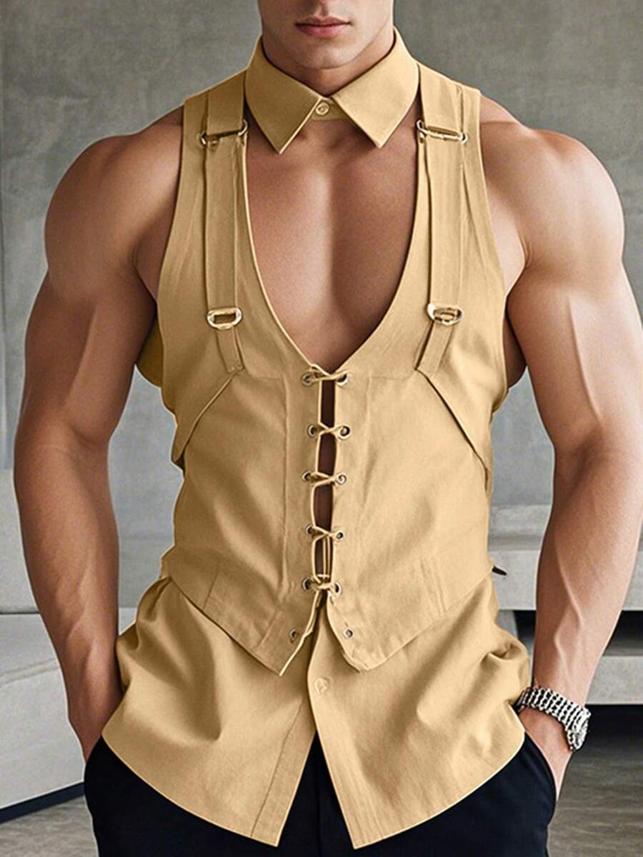 INCERUN Men Button V-Neck Sleeveless Lace Up Slim Blouse Summer Holiday Party Casual Tank Tops Plain Shirt - 卡其色 - 查看 1