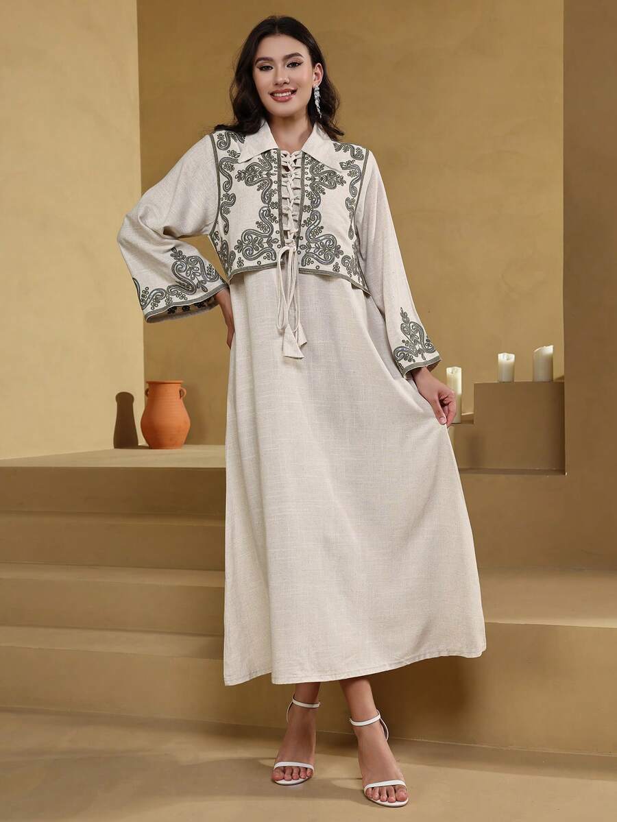 ASBB 重工珠飾刺繡阿拉伯女式 JALABIYA 連衣裙，繫帶前襟與襯衫領設計，杏色優雅洋裝，2026 秋季派對、度假、休閒穿著，沙烏地國慶穿搭
