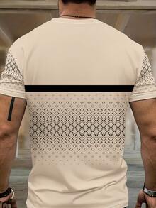 Plus Size Men's Geometric Print Lightweight Crew Neck Short Sleeve T-Shirt - Khaki - View 3