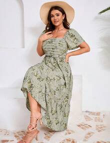 GoyRrbay Plus Size Women's Floral Maxi Dress Short Sleeve Shirred Squared Neck Flomal Long Dress - 綠底小花 - 查看 3