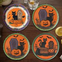 1 Set /4 Pieces /6 Pieces: Halloween Black Cat Pattern Diatom Mud Coasters, Floral Coffee Coasters, Multi-Occasion Decoration For Home And Restaurant, Daily Gifts, Table Decoration, Daily Decoration, Theme Party Decoration