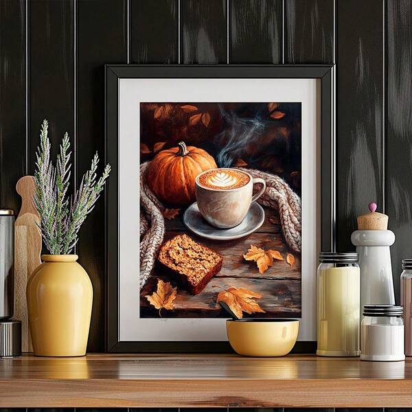 1pc Autumn Coffee Scene Painting, Vintage Countryside Autumn Decoration, Moody Pumpkin Latte Printing, Pumpkin Bread Autumn Mural, Suitable For Bedrooms, Study Rooms, And Living Rooms Wall Arts Posters,NO Frame