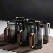 6件套360毫升套装，新颖设计，带木柄，黑色玻璃杯，高硼硅耐热玻璃杯，带手柄，适用于家庭、办公室、客人，大容量茶/水杯 - 黑的 - 查看 8