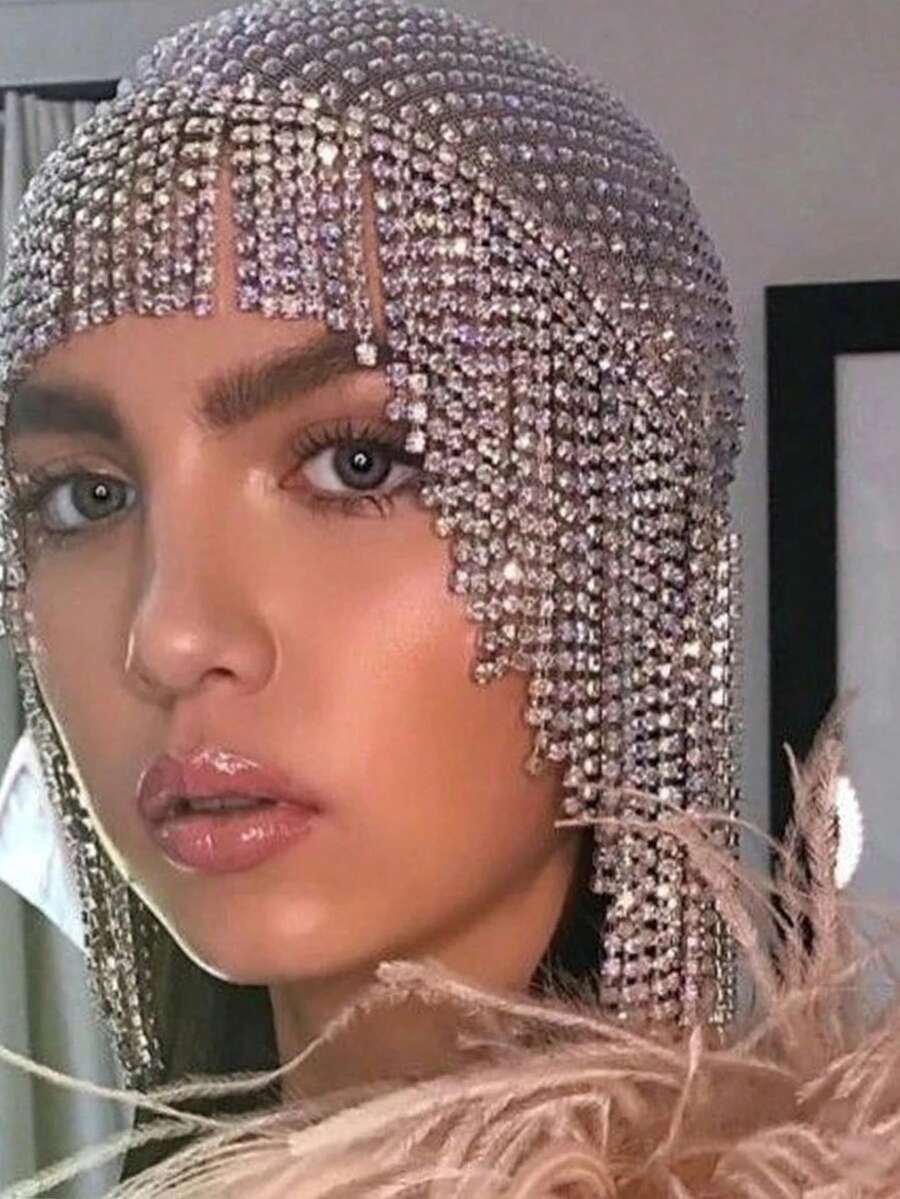 1 件水晶流苏头饰链，时尚独特个性化发饰首饰，西方配饰 - FJ1778銀色 - 查看 1