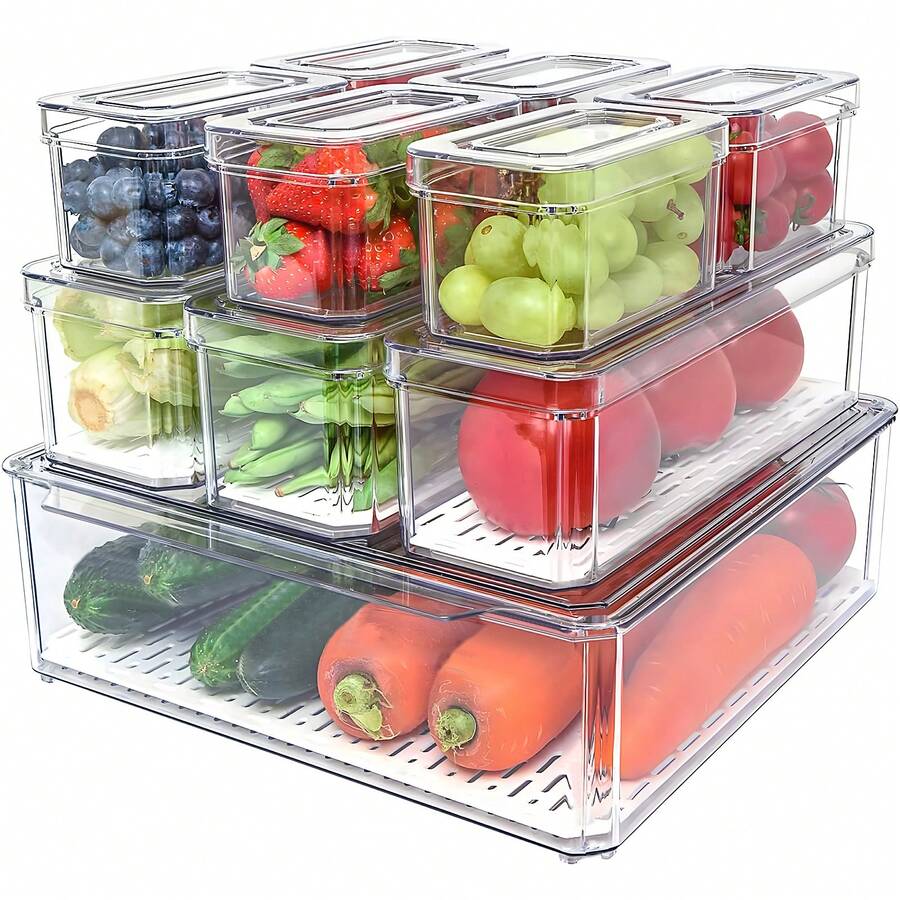 7Pcs Fridge Organizers And Storage - Clear Refrigerator Organizer Bins With Lid, 3 Size Stackable Fridge Organization, Fruit Container For Refrigerator, Keep Egg Grape Tomatoes Etc Fresh - 7 món đồ lưu trữ thực phẩm - Xem 1