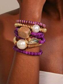 7pcs/Set Handmade Bohemian Style Heart-Shaped Tassel Bracelet Set, Suitable For Women's Daily Wear And Vacation Valentines,Mom,Mother,Mother's Day,Gift - Multicolor - View 5