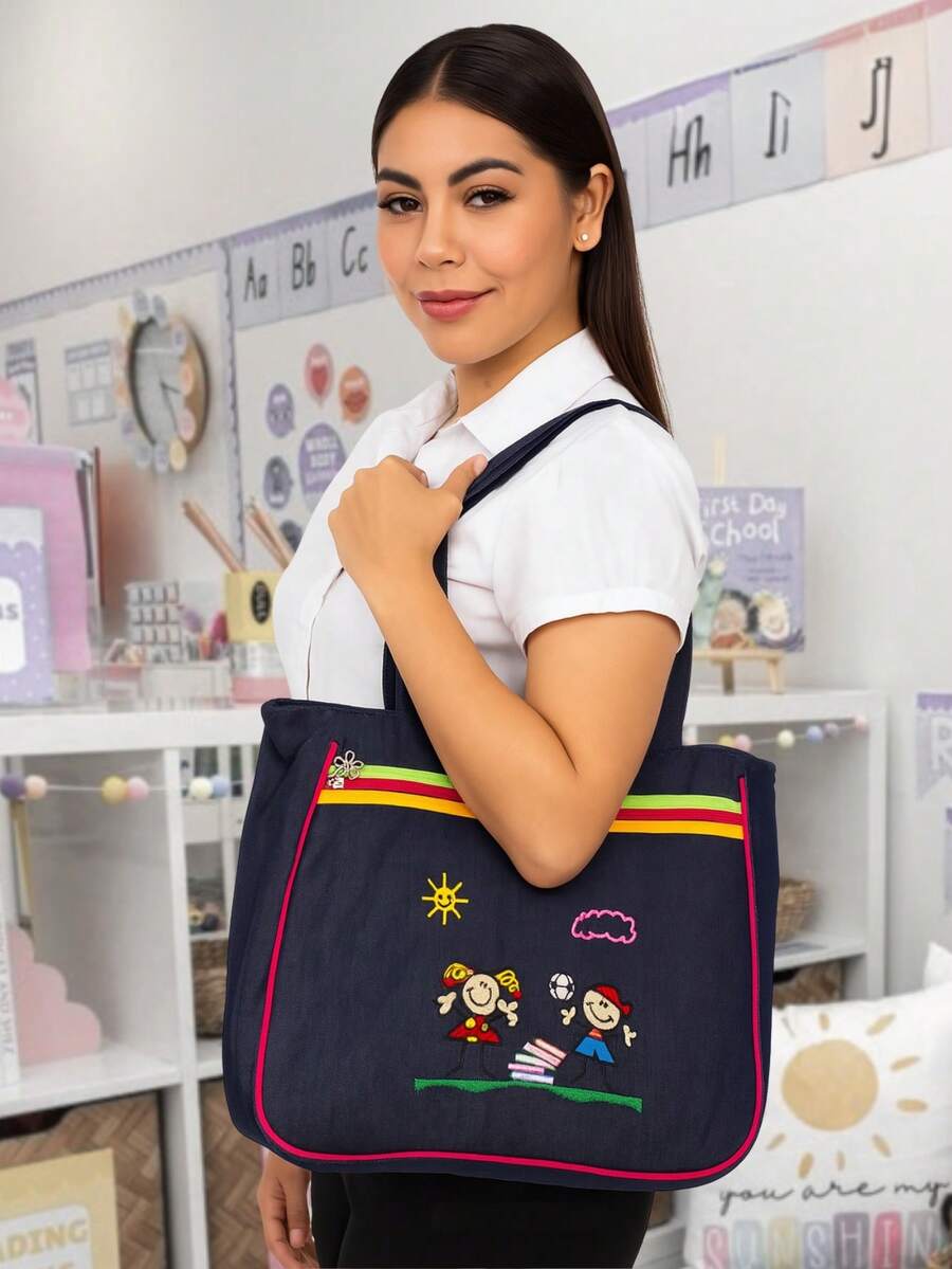 bolsa educadora de mezclilla morral bordado surtido bolso funcional para niñas niños escuela materiales duraderos diseño moderno mochila escolar casual accesorios moda niños - Azul Marino - Ver 1