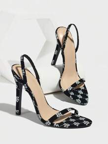 女士圆头纯色印花绑带踝带细高跟凉鞋，优雅时尚派对黑色高跟鞋，适合所有季节 - 黑色 - 查看 10