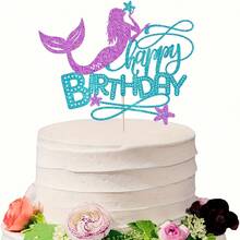 1 件美人鱼生日快乐蛋糕装饰 - 闪光贝壳珊瑚尾签装饰适用于海底 BB 淋浴生日派对用品 - 彩色 - 查看 15