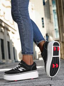 2-In-1 Removable Roller Skates For Teenagers & Students, Boys & Girls Roller Skating Shoes, Casual Sports Skateboard Shoes - Black and White - View 2