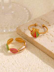 2 件套不锈钢彩色珐琅纹理鱼骨开口戒指套装，适合日常沙滩佩戴 - 彩色 - 查看 6