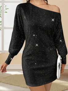 Women's Off One Shoulder Sequined Dress Slim Fit Stylish Sparkly Long Sleeve Mini Bodycon Dress - 黑色 - 查看 7