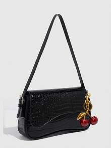 1 件女士仿皮单肩包，黑色鳄鱼纹方形包，多功能漆皮钱包，Y2K 斜挎包/腋下包，时尚单肩包，带樱桃吊坠 - 黑色 - 查看 2