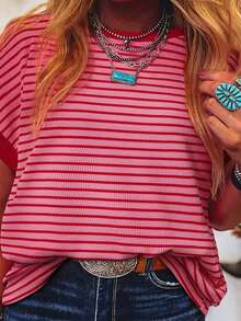 Acelitt Camiseta de punto de cuello redondo de manga corta y hombros descubiertos a rayas, talla grande, color rosa verano - Rosa - Ver 1