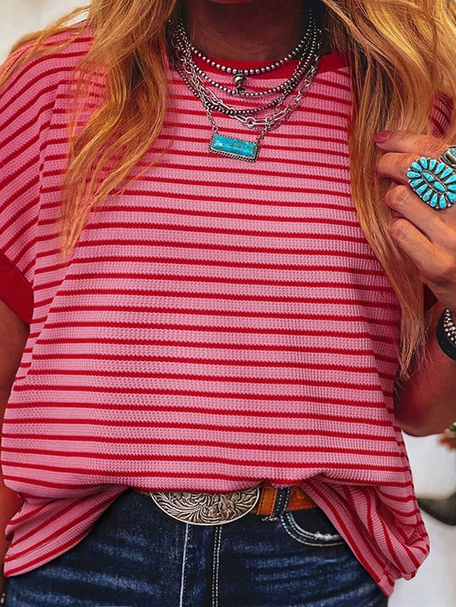 Acelitt Camiseta de punto de cuello redondo de manga corta y hombros descubiertos a rayas, talla grande, color rosa verano - Rosa - Ver 1