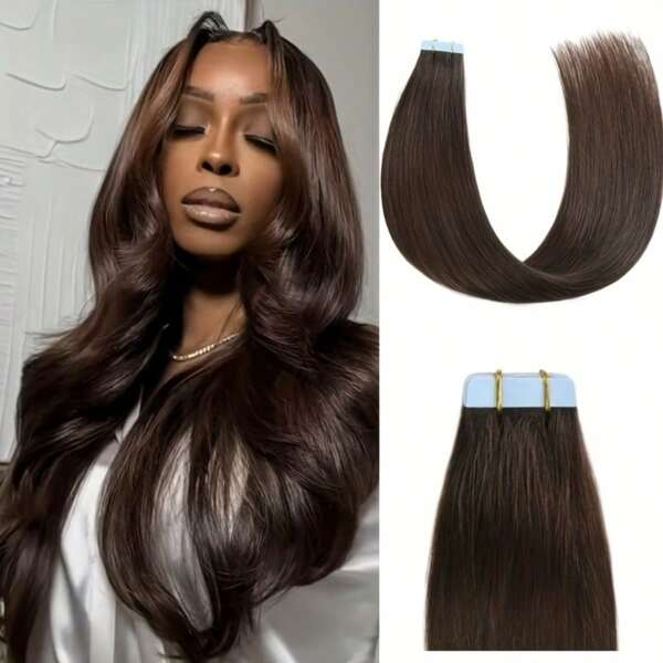4 Extensiones de cabello con cinta recta marrón chocolate, extensiones de pelo de virgen brasileña marrón oscuro fáciles de poner, adecuadas para festivales de música, fiestas, todas las ocasiones especiales
