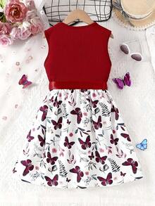 Rochie de decor cu fundă fără mâneci cu fluturi și florale pentru fete, modă elegantă, potrivită pentru îmbrăcăminte în aer liber primăvara/toamna, poate fi oferită ca cadou - roșu - Vizualizare 2