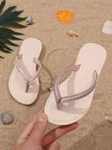 1 双加大码女童时尚拖鞋，柔软亮面 PU 材质，浪漫水钻装饰，圆头人字拖，适合女学生休闲、沙滩、派对、夏季 - 粉色 - 查看 3