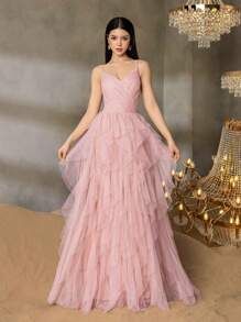 Alisa&Leo Elegant Thin-Strap Teen Formal Gown With Structured Bustier & Multi-Layer Tulle A-Line Skirt – Timeless Design For Prom, Graduation Ceremonies, Homecoming Dances, Gala Dinners, And Pageant Events - Pink - View 4