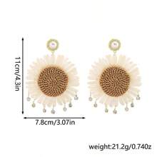 1 Pair Minimalist Raffia Flower Earrings, Handmade Woven Rhinestone Tassel Earrings, Elegant Vintage Design, Suitable For Women's Daily Wear, Vacation And Party, Summer Holiday Jewelry Accessories, Ideal Birthday Or Holiday Gift For Girlfriend/Wife