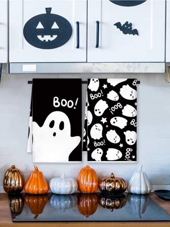2 Stücke/50 Stücke 16"X24" Geschirrtücher mit Geist BOO Muster in Schwarz-Weiß Kontrast, Feiertags Küchentücher, Dekorative Handtücher für Zuhause, geeignet für Küche, Badezimmer, Backen, Reinigung, Halloween Deko
