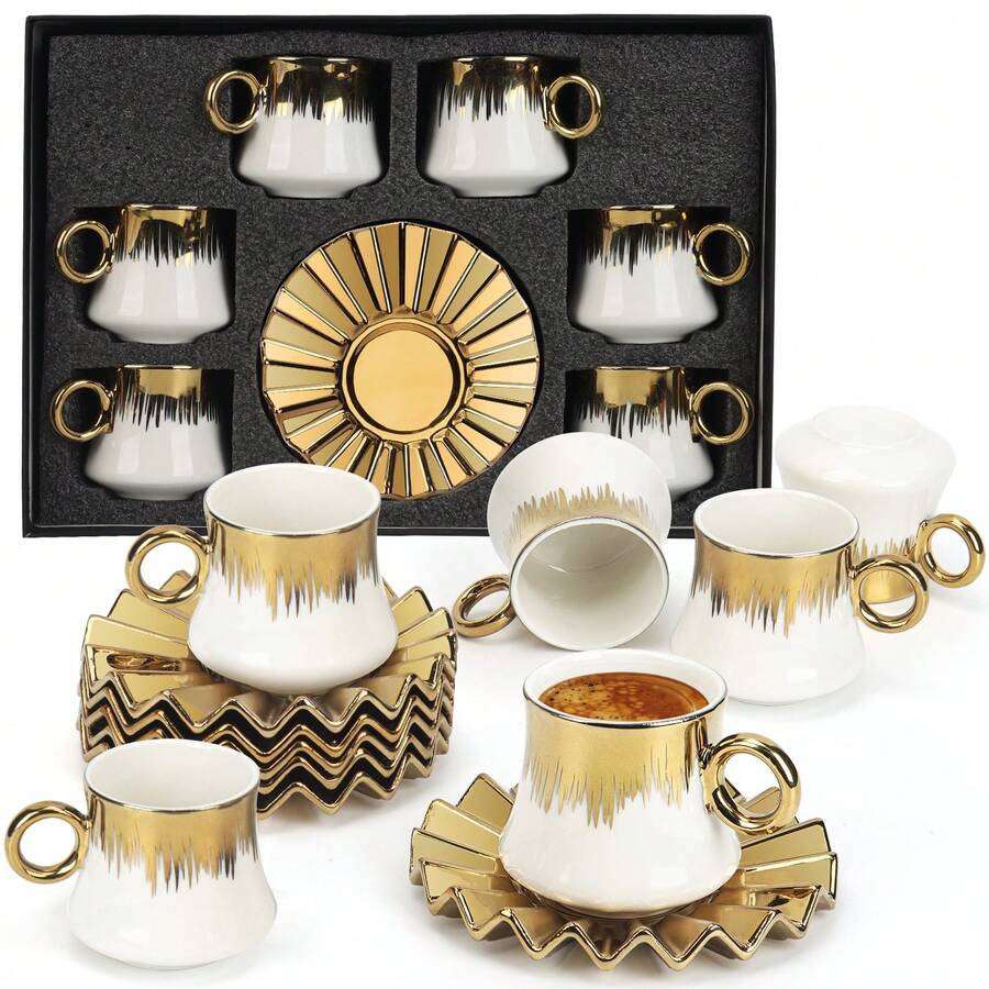 6-Piece Turkish Coffee Cup Set - 3.5oz Ceramic Espresso Cups With Gold-Plated Rims & Saucers - Ottoman-Style Gold Design In Gift Box
