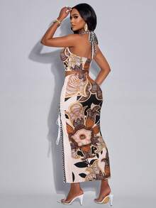 AIJ Bộ đồ 2 mảnh Amarilo dành cho nữ, kiểu dáng thanh lịch, in họa tiết nhiệt đới, xếp ly, khoét lỗ, cài khuy kim loại, thiết kế độc đáo, không tay, hở lưng, gồm áo hai dây và chân váy xẻ cao có dây rút (Họa tiết định vị) mùa hè. - Hoa màu nâu mơ - Xem 2