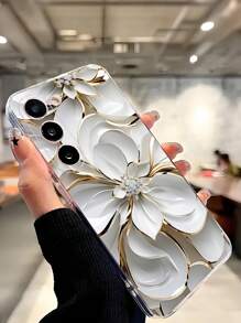 1 件时尚白色金属花透明软保护手机壳适用于三星 Galaxy A04e/12/A13/A14/A34/A50/A52/A53/A54/S21/S22/S23/S24/S25/S25 超防水防震防摔防刮