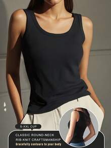 1pc Women's Solid Black Sleeveless Minimalist Tank Top, Medium Stretch, Suitable For Summer Wear Round Neck Blouse - Black - View 7