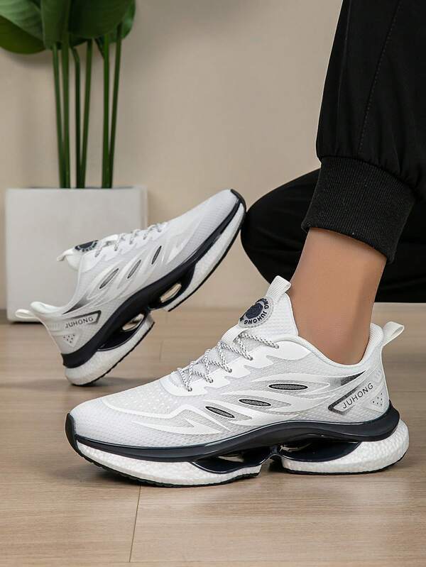Men's Print Solid Color Mesh Breathable Casual Shoes, Slip-Resistant Shock-Absorbing Durable Outsole Low-Top Athletic Sneakers, Letter Contrast Color Basic Knitted Fabric Sports Shoes, Outdoor All Season
