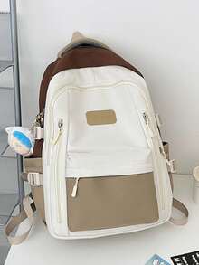 Colorblock Large Capacity Multi-Pocket Zipper Closure Laptop Backpack, Back To School, Outdoor Casual Unisex Backpack, No Accessories - Khaki - View 4