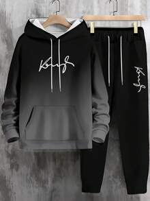 Men's Gradient "KING" Print Hoodie And Pants Set, Suitable For Spring And Autumn - Black - View 2