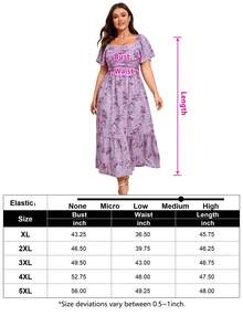 GoyRrbay Plus Size Women's Floral Maxi Dress Short Sleeve Shirred Squared Neck Flomal Long Dress - 紫底粉花 - 查看 5