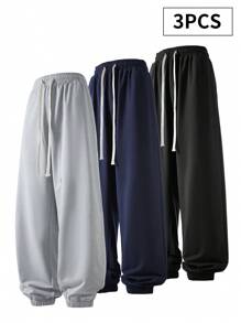 Set de 3 pantalones de chándal casuales para hombre de talla grande, pantalones deportivos sólidos y holgados con cordón en la cintura