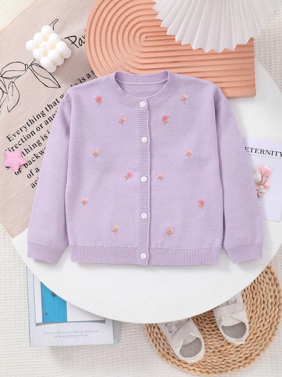 Baby Girl Floral Embroidery Knit Cardigan - Purple - View 1