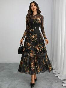 Women's Gothic Elegant Long Dress, Black Base, Colorful Floral Print, Mesh Round Neck Long Sleeve, Fitted Waist, Ruffle Hem Spring - Multicolor - View 1